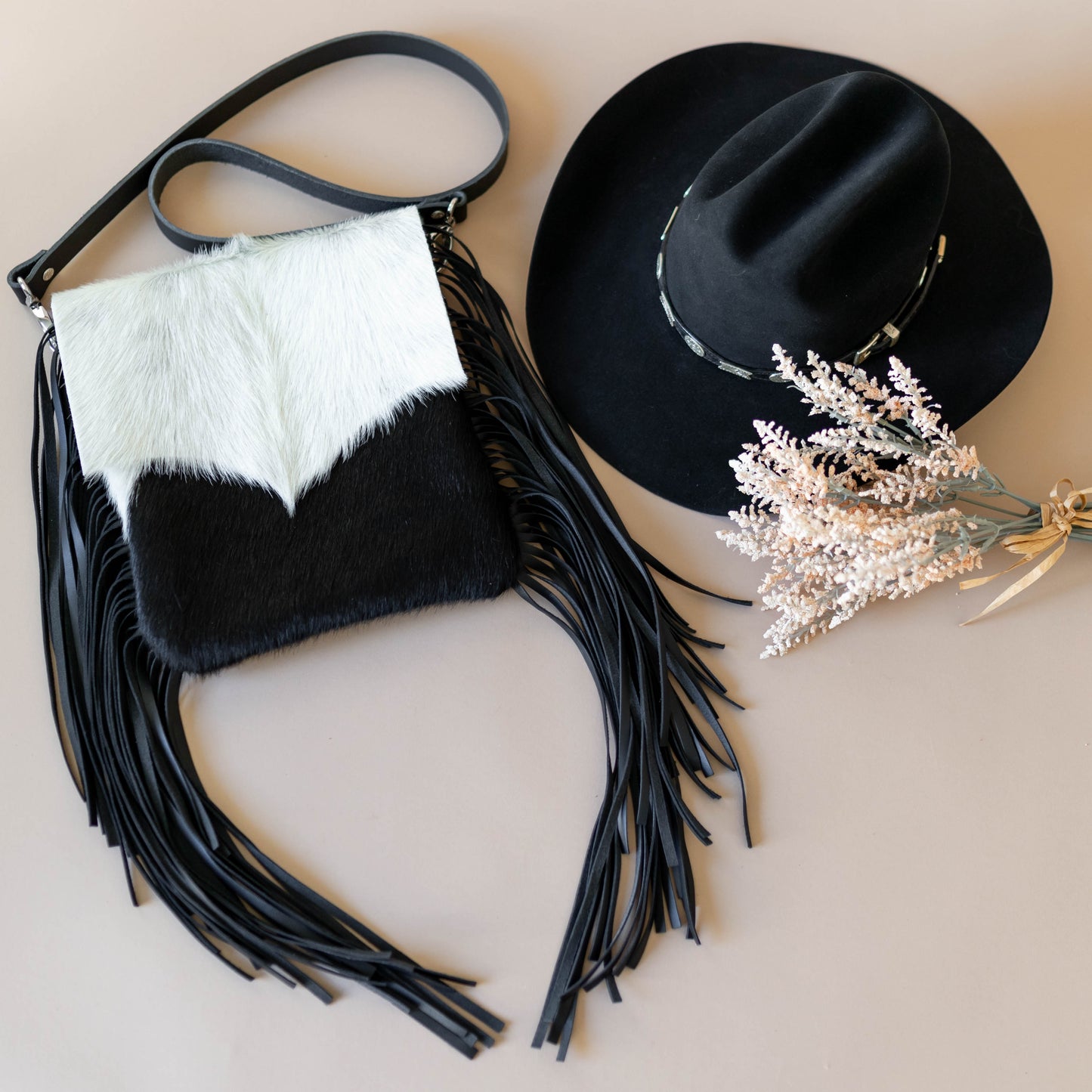 Black and White Hair on Hide Leather Fringe Bag