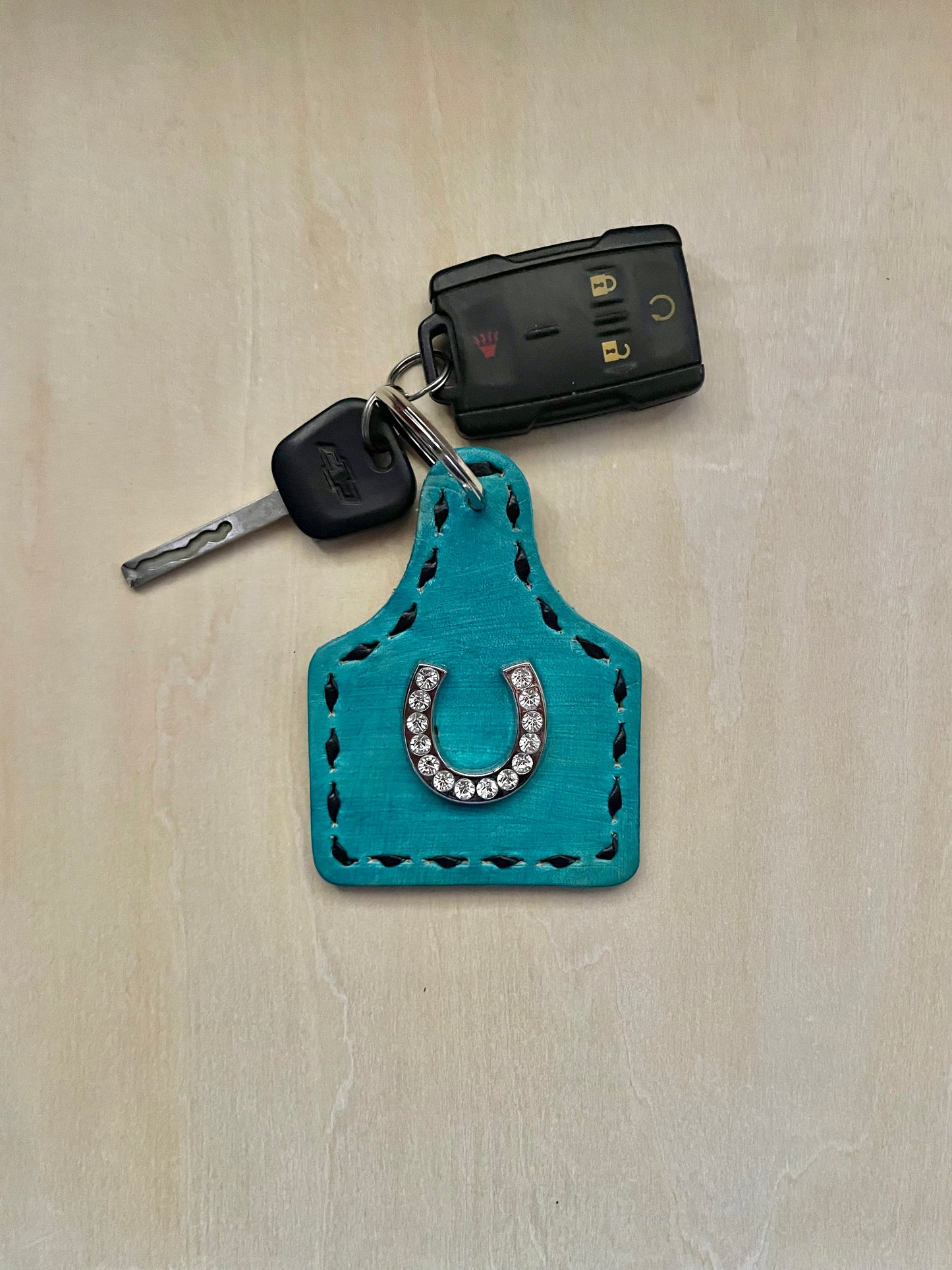 Turquoise With Horseshoe Ear Tag Key Ring