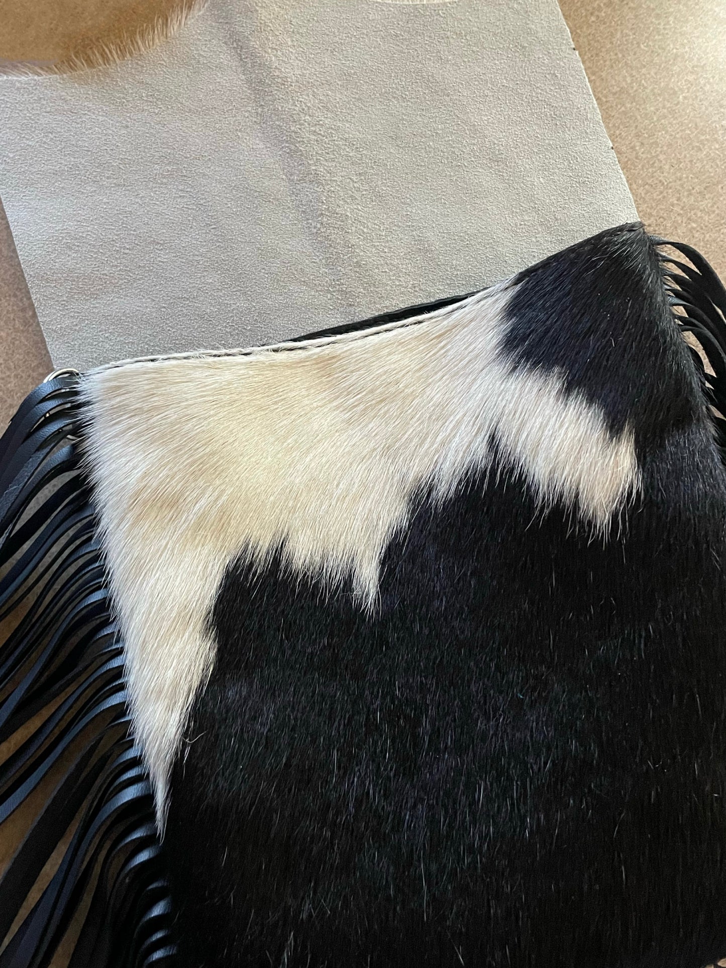 Black and White Hair on Hide Leather Fringe Bag