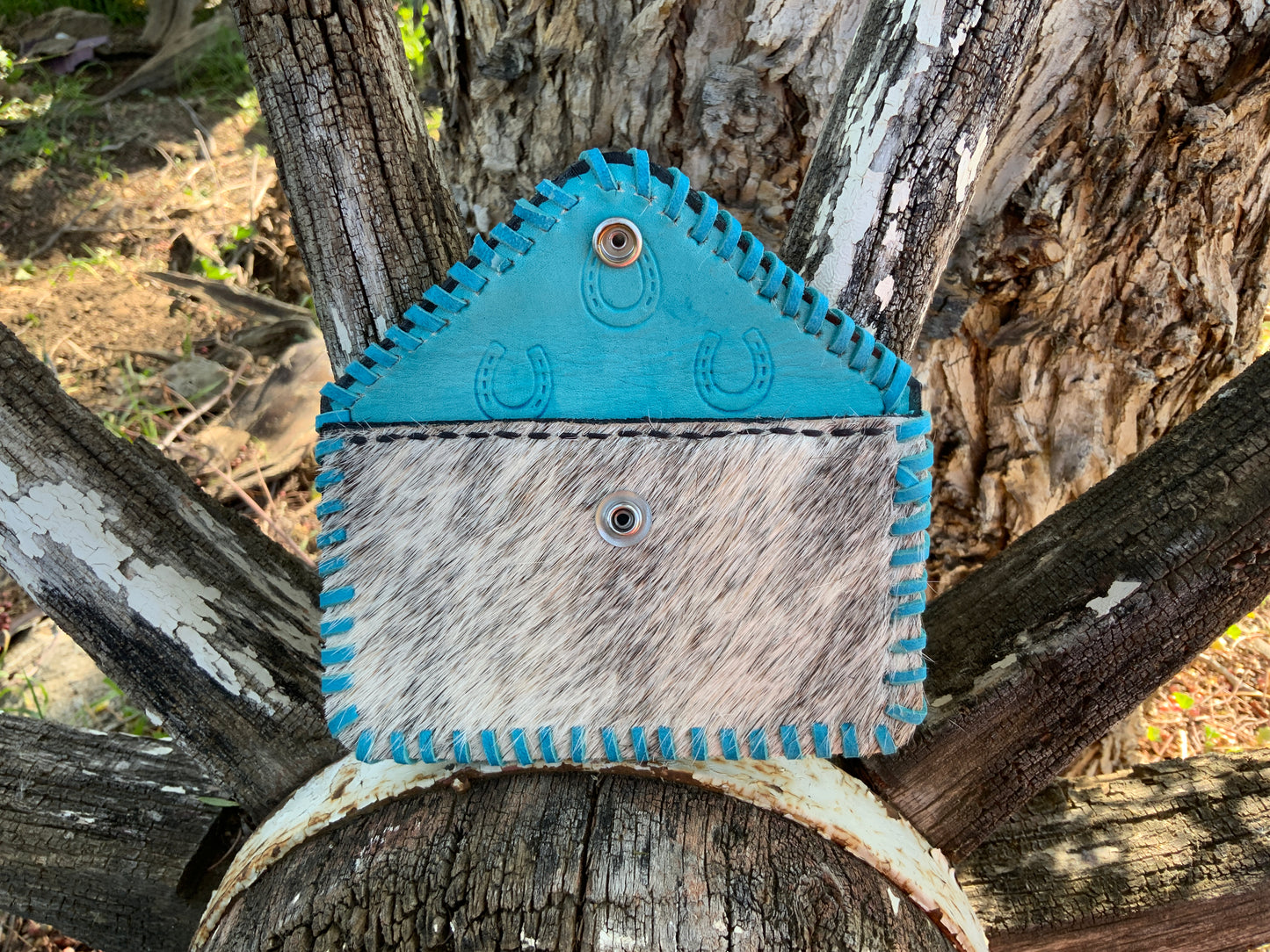 Turquoise Accented Grey and White Hair on Hide Cowgirl Card Holder