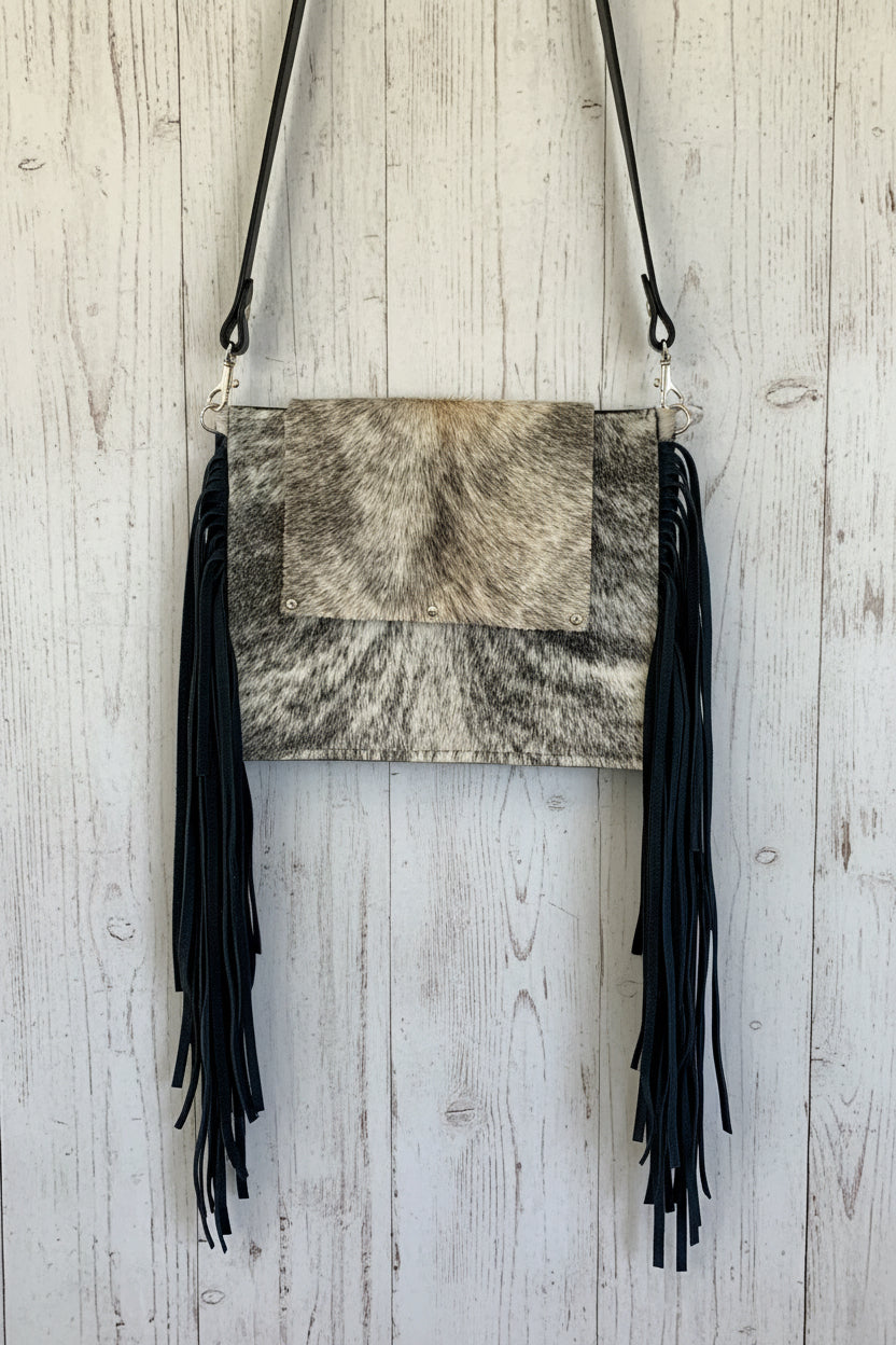 Tri Colored Hair On Hide Fringe Purse