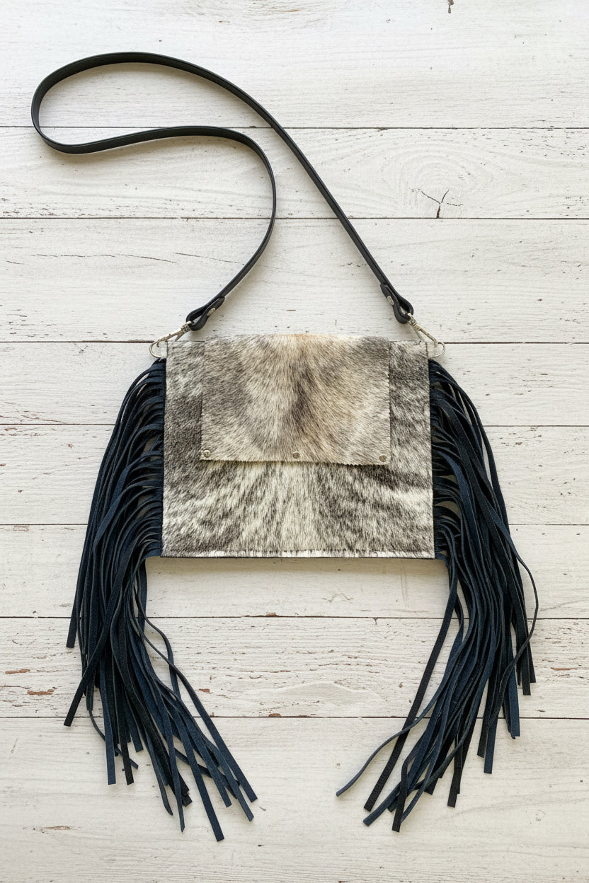 Tri Colored Hair On Hide Fringe Purse