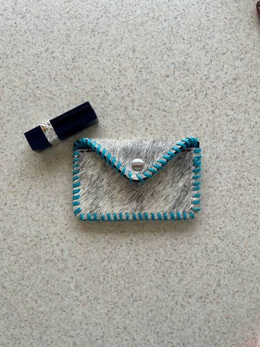 Turquoise Accented Grey and White Hair on Hide Cowgirl Card Holder